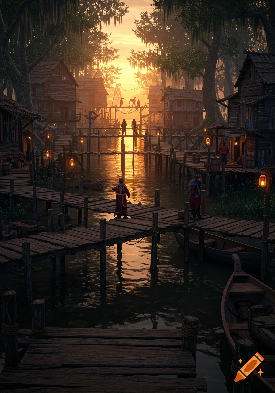 Detailed swamp city at sunset, with wooden stilt houses, docks, and people on walkways, reflecting in the water, with boats.