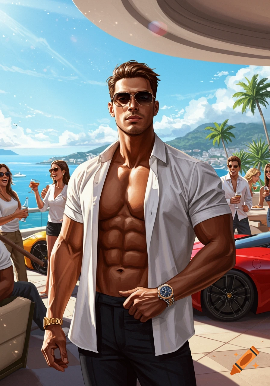 A tanned, muscular man in an open white shirt and sunglasses stands confidently at a luxury resort party overlooking the ocean, with other guests and sports cars in the background. Stylized illustration.