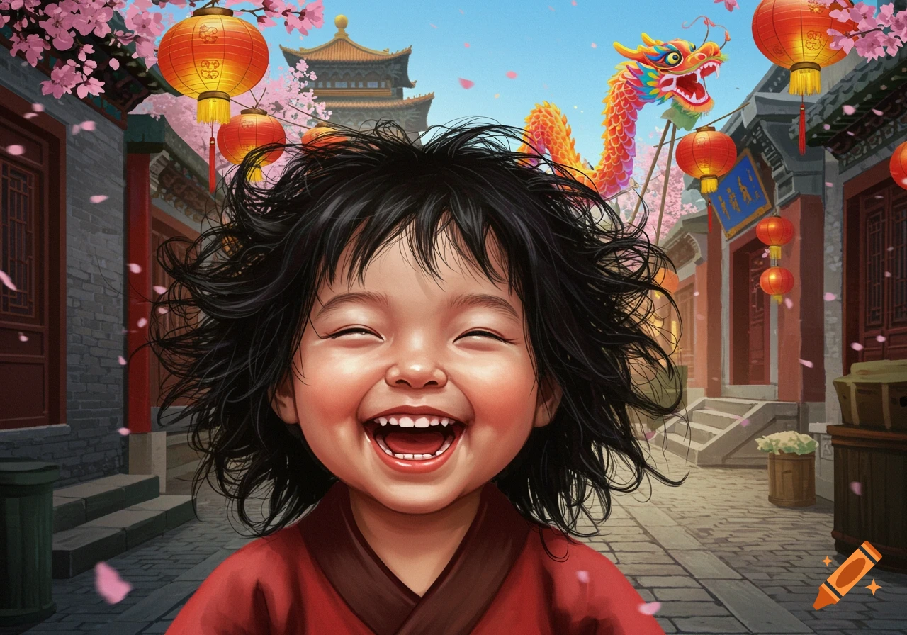 A happy Chinese child with messy black hair smiles broadly on a traditional street with lanterns, cherry blossoms, and a dragon.