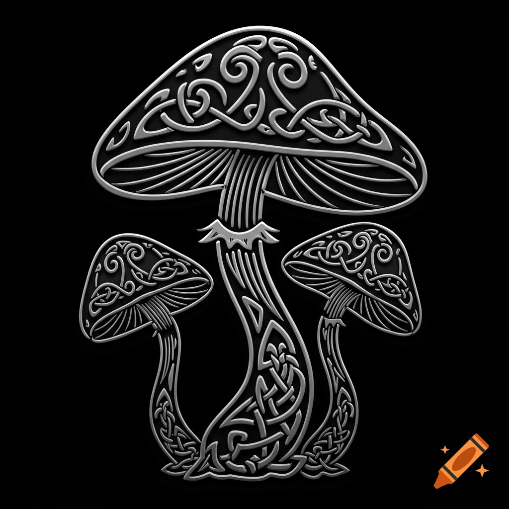 Three stylized silver mushrooms with intricate Celtic knot patterns on their caps and stems, on a black background.