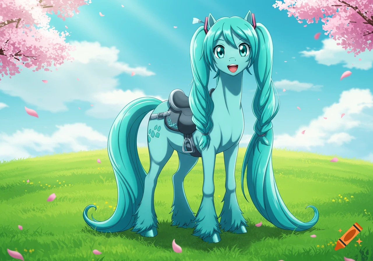 Anime style teal horse with Hatsune Miku pigtails and an open smile stands in a field with cherry blossoms.