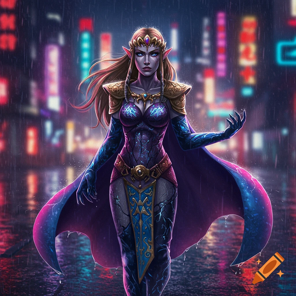 A powerful elf woman in a Venom-inspired blue and gold costume stands in a rainy, neon-lit city street at night, in a digital art style.