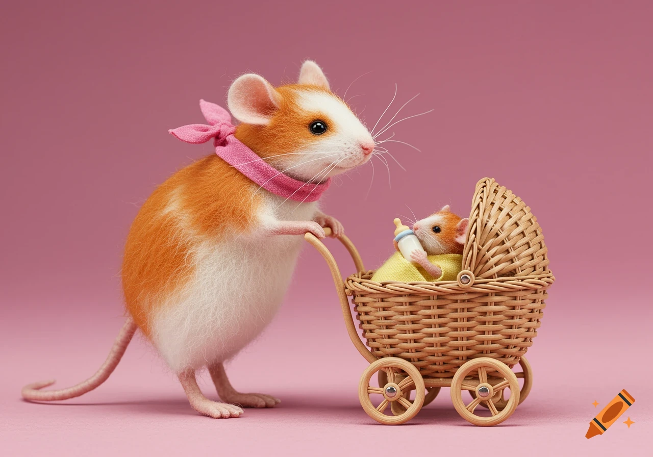 Photorealistic image of a mother mouse pushing a baby mouse in a wicker stroller on a pink background. The baby mouse drinks from a bottle.