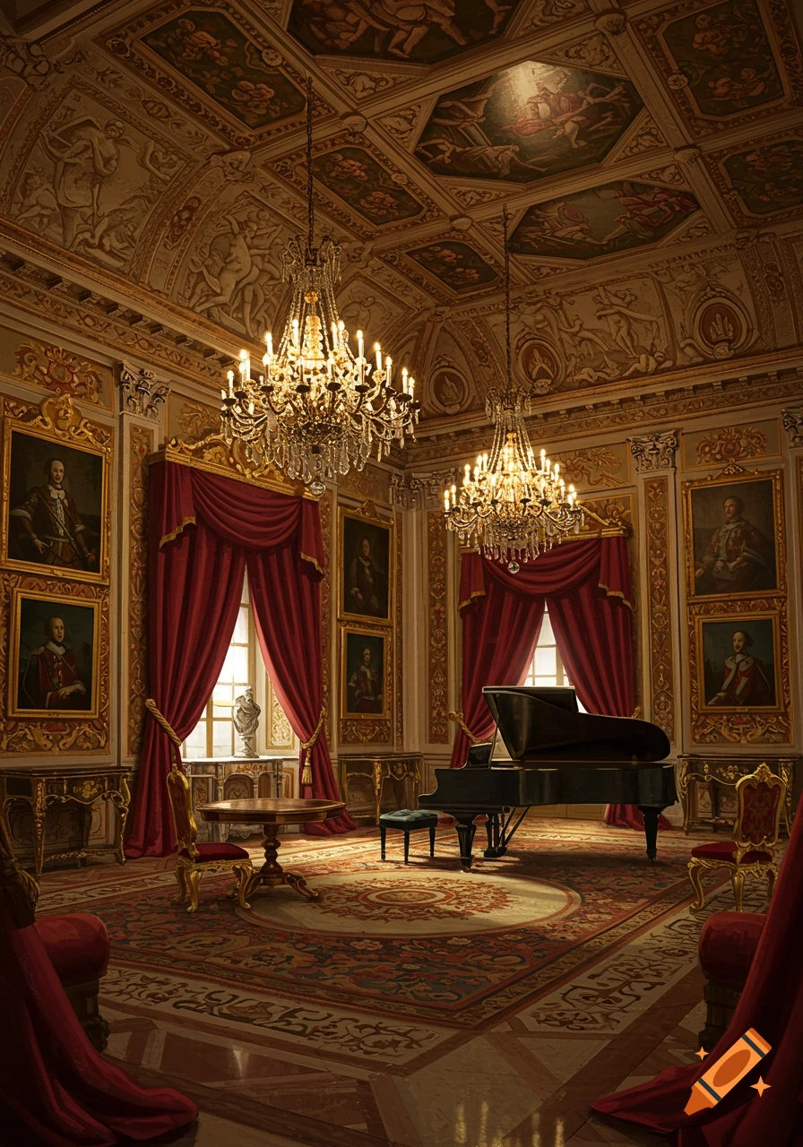 Ornate baroque room with crystal chandeliers, red velvet drapes, historical portraits, and a grand piano.