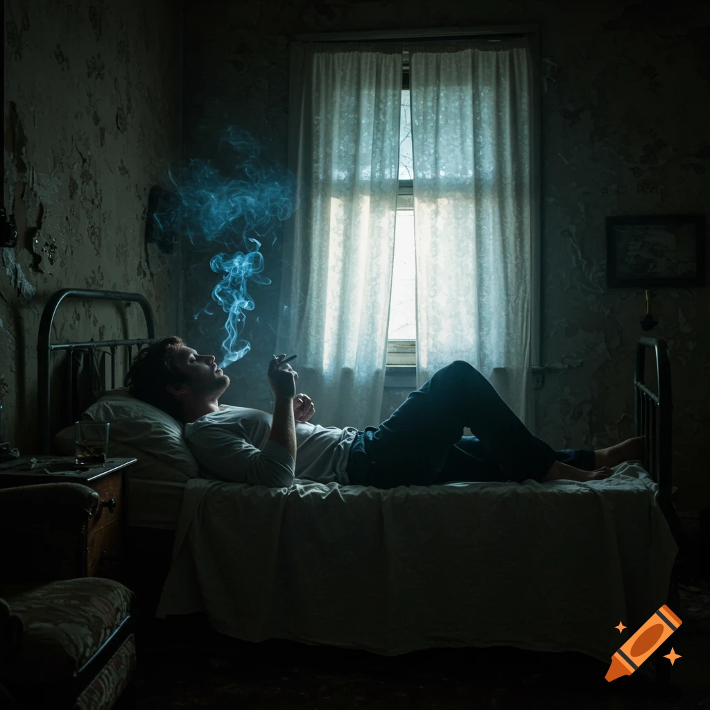 A man lies on a bed in a dimly lit, worn room, smoking. Blue smoke swirls above him as light streams through a window.