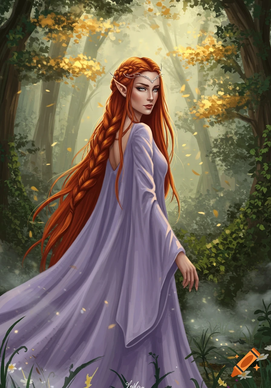 An elf with long red braided hair and pointed ears, wearing a lilac dress, walks through an enchanted forest.