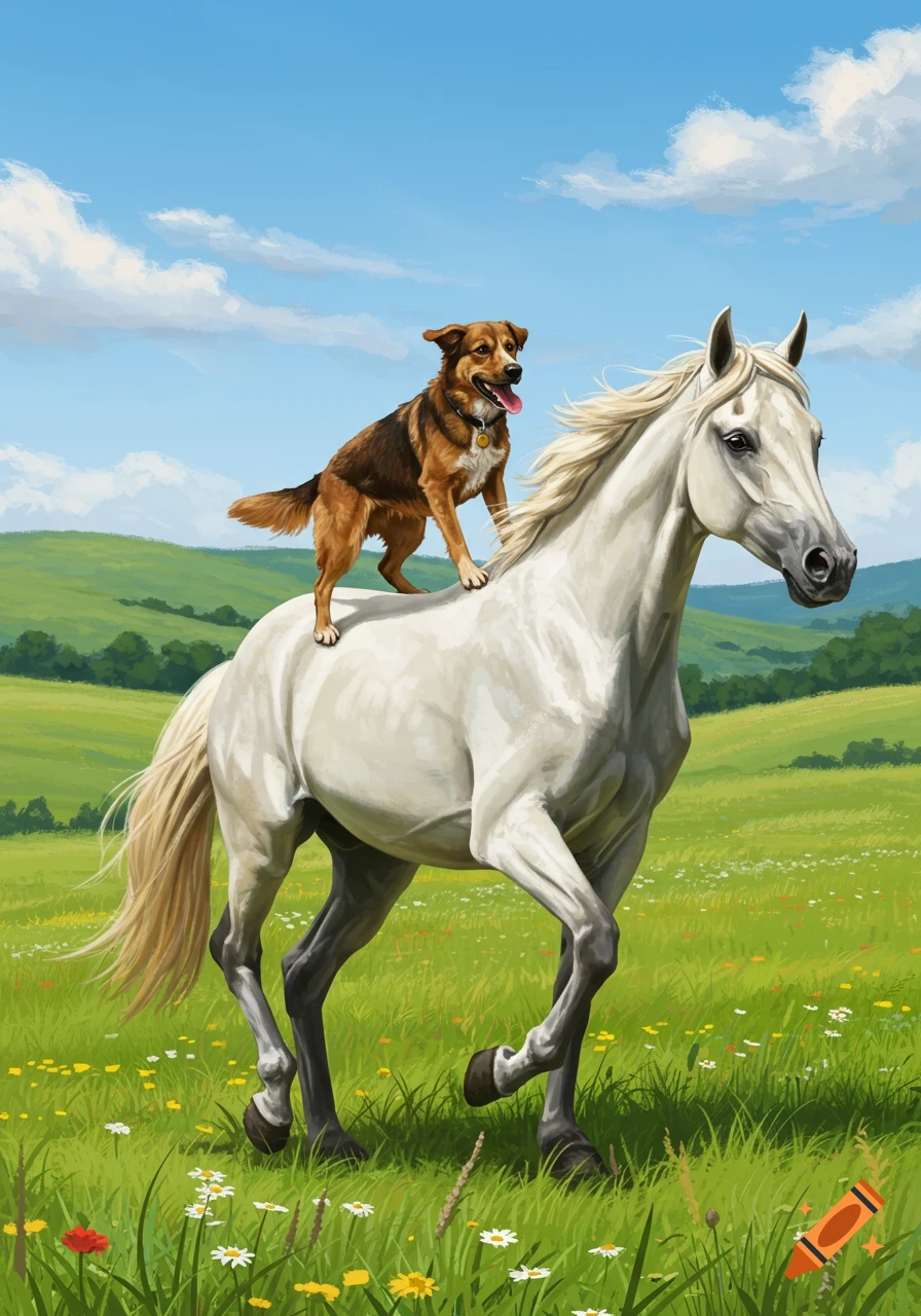 A brown and black dog stands on the back of a white horse in a green, flowery field under a blue sky.