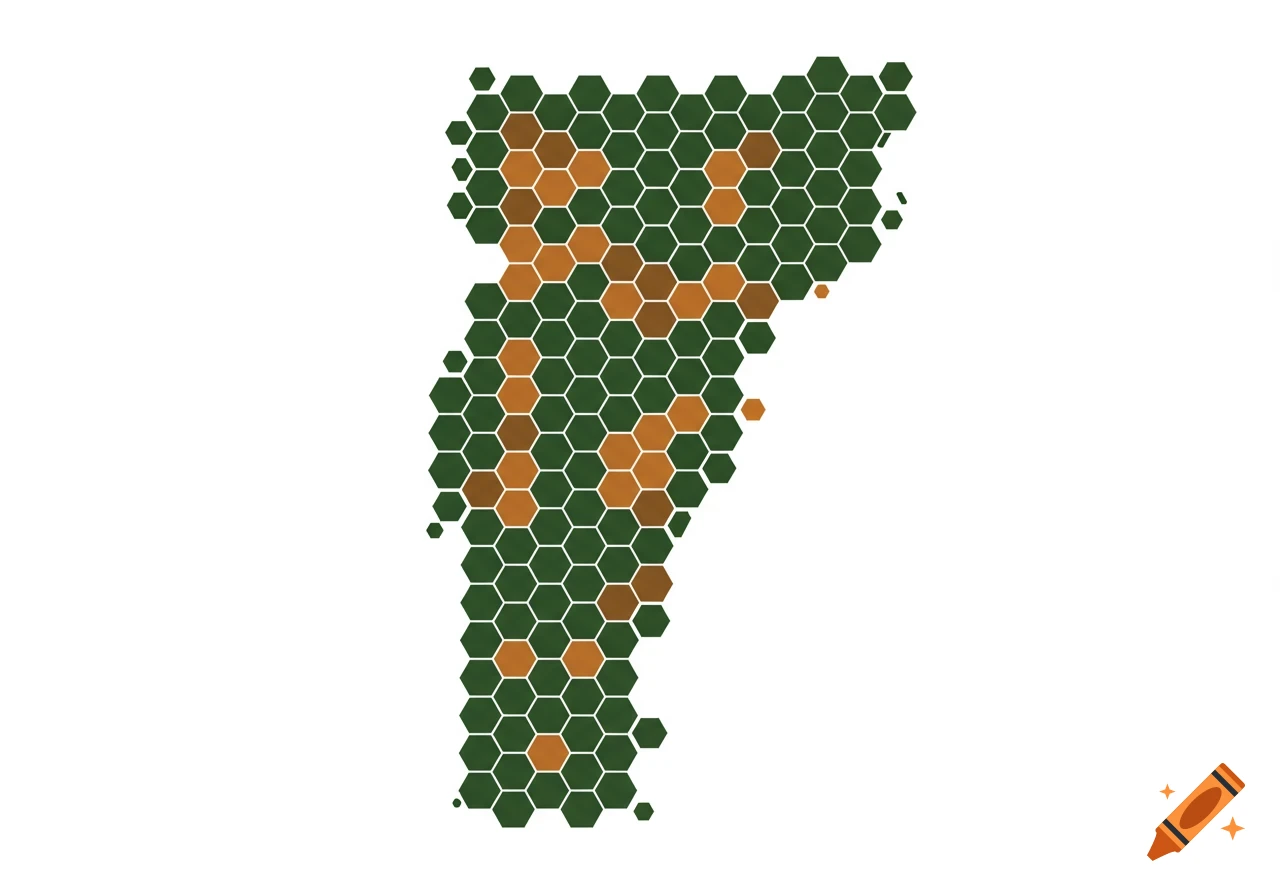 A map of Vermont composed of green and brown hexagons in a honeycomb pattern.