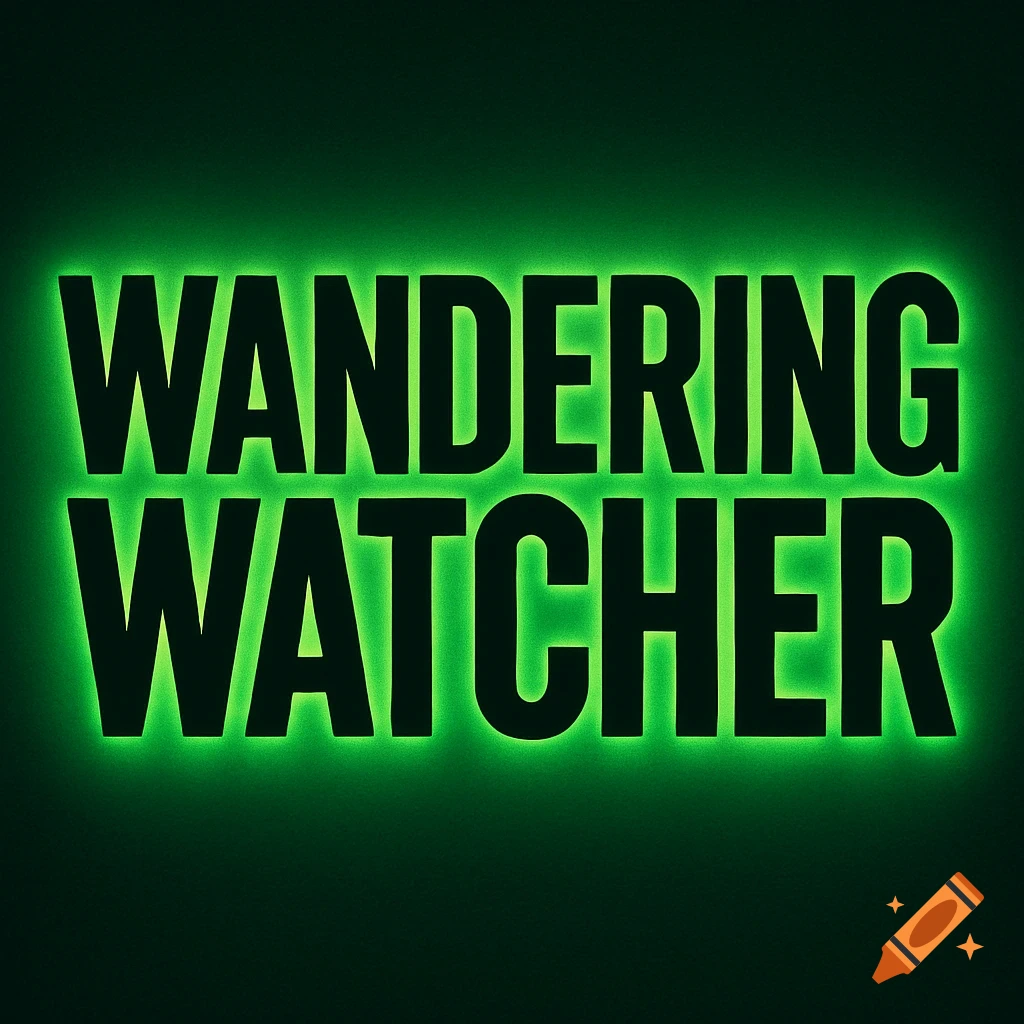 Black text "WANDERING WATCHER" with a bright neon green glow on a dark background.