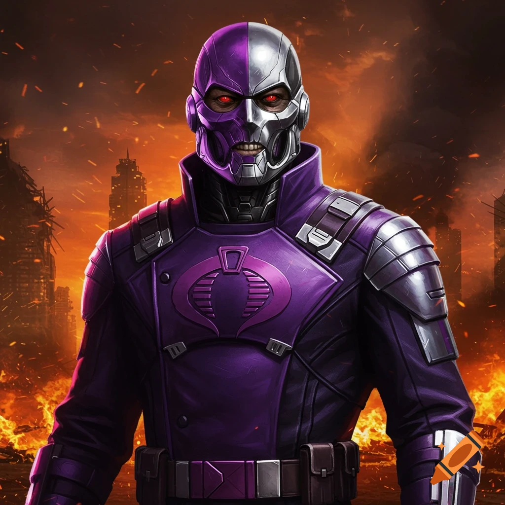 A masked supervillain in purple and silver armor with red eyes, featuring a Cobra symbol, stands before a burning city.