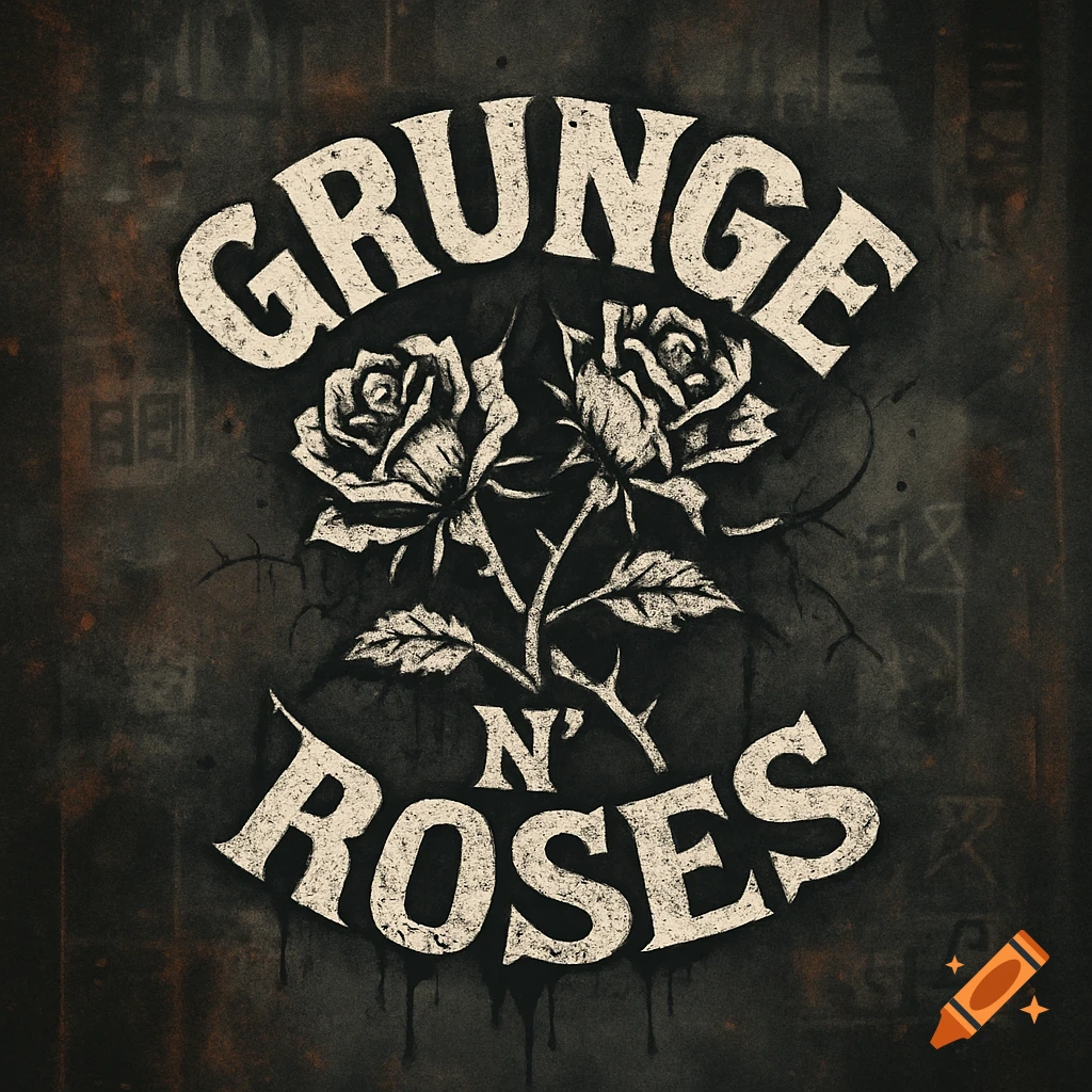 Grunge N' Roses logo with two distressed white roses on a dark textured background.