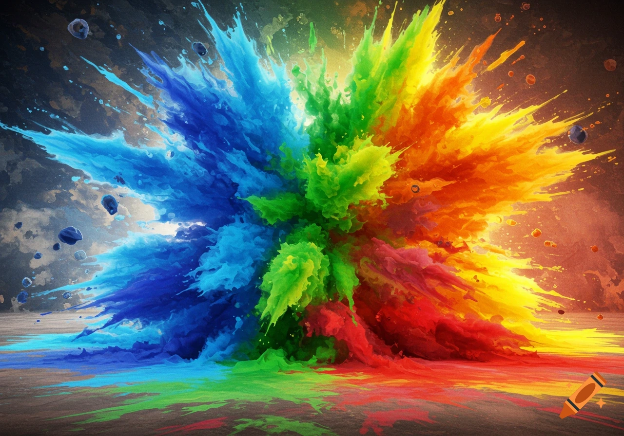 A vibrant explosion of blue, green, yellow, orange, and red powder spreading outwards with splashes on the ground.
