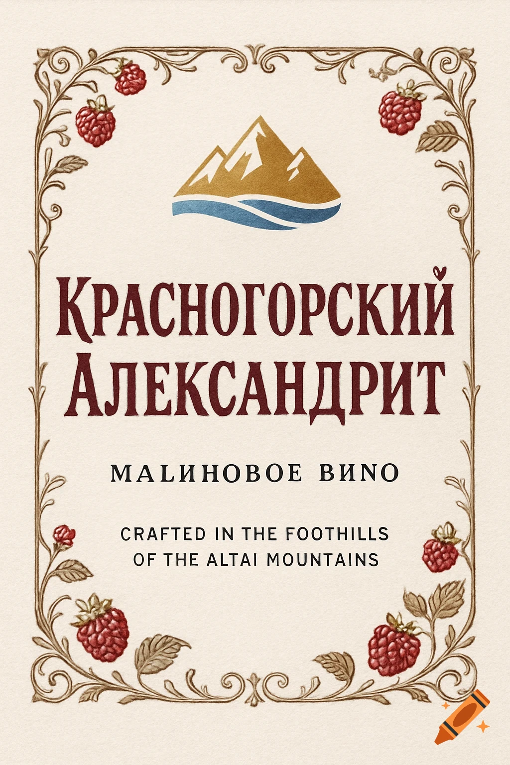 A vintage-style wine label with a decorative raspberry border. It features a mountain and wave logo, and text in Cyrillic and English for "Krasnogorsky Alexandrit Raspberry Wine, Crafted in the Foothills of the Altai Mountains".