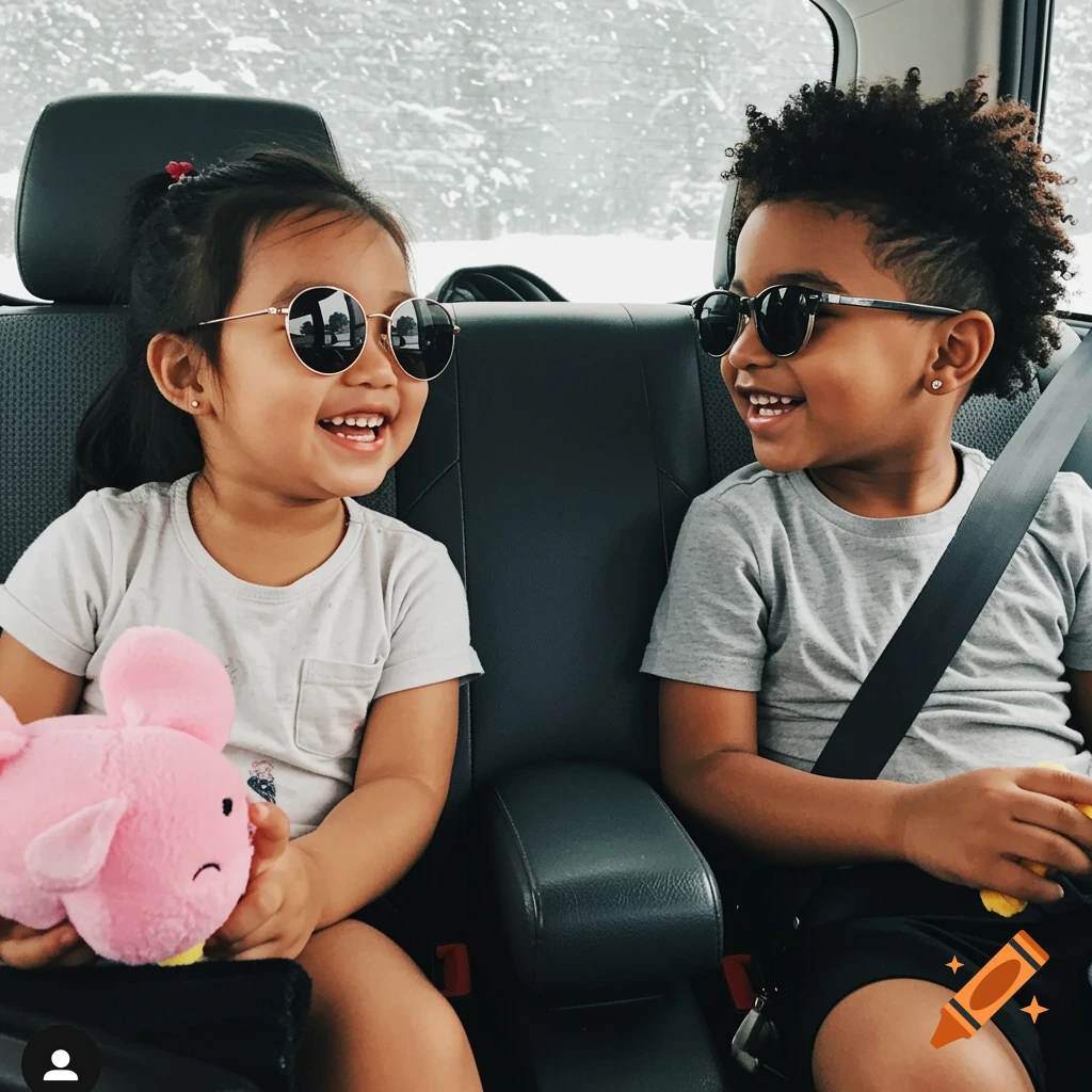 A smiling boy with an afro fade and a girl with a pink toy, both wearing sunglasses, sit in the backseat of a car while it snows outside.