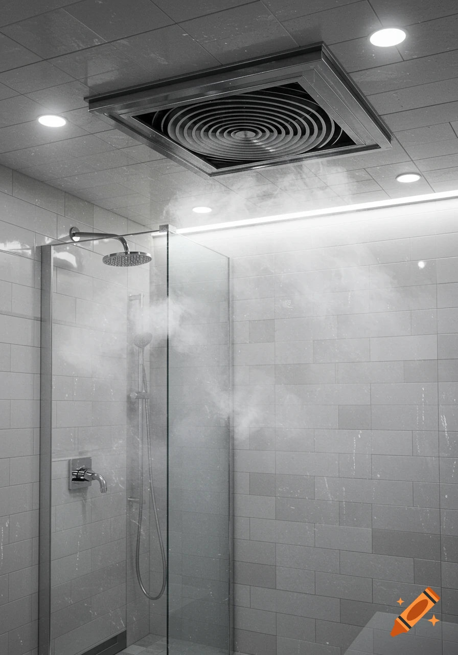 A modern shower stall with glass panels and a large square exhaust fan on the ceiling, surrounded by light gray subway tiles.