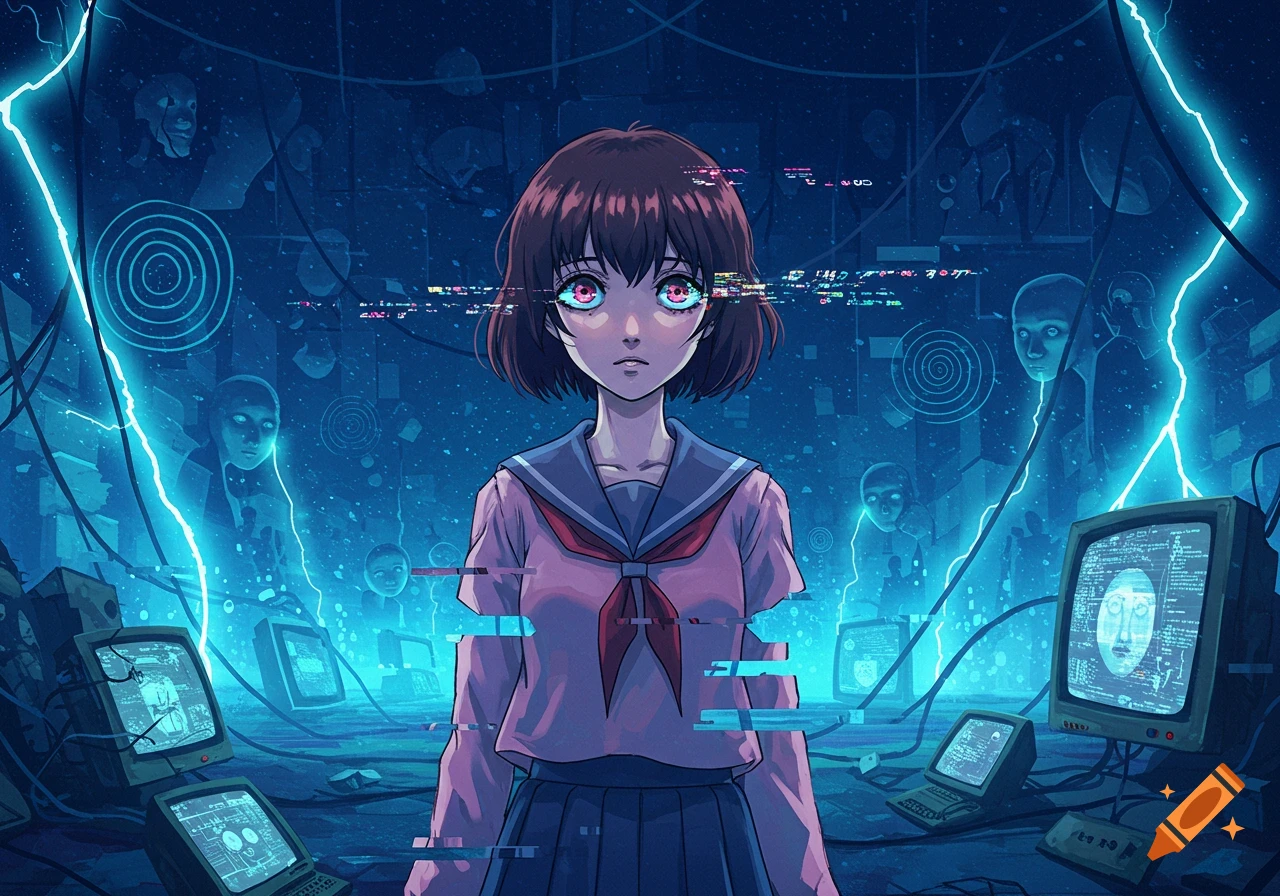 An anime girl with glowing eyes and glitch effects stands amidst old monitors, wires, and ghostly faces in a dark, blue-toned surreal cybernetic environment.