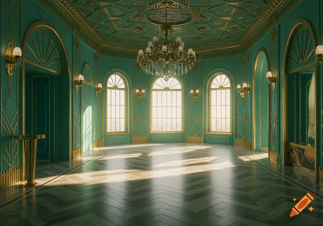 An empty, opulent Art Deco room with teal walls, gold trim, large windows, a chandelier, and sunlight on the herringbone floor.