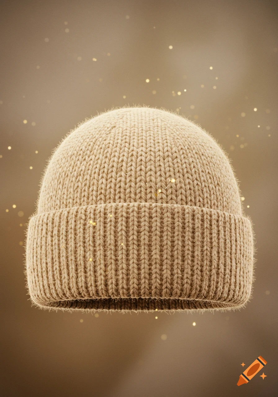 A close-up, photorealistic image of a beige knitted beanie with a folded brim, against a warm, sparkling background.