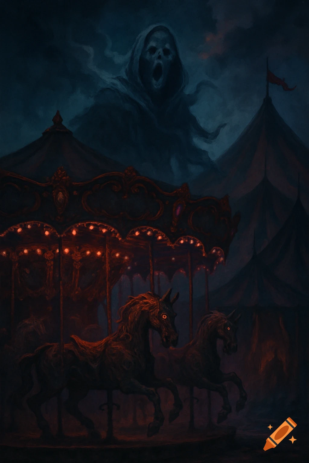 Dark painting of a ghostly phantom over an evil carnival with a carousel of red-eyed horses and circus tents.