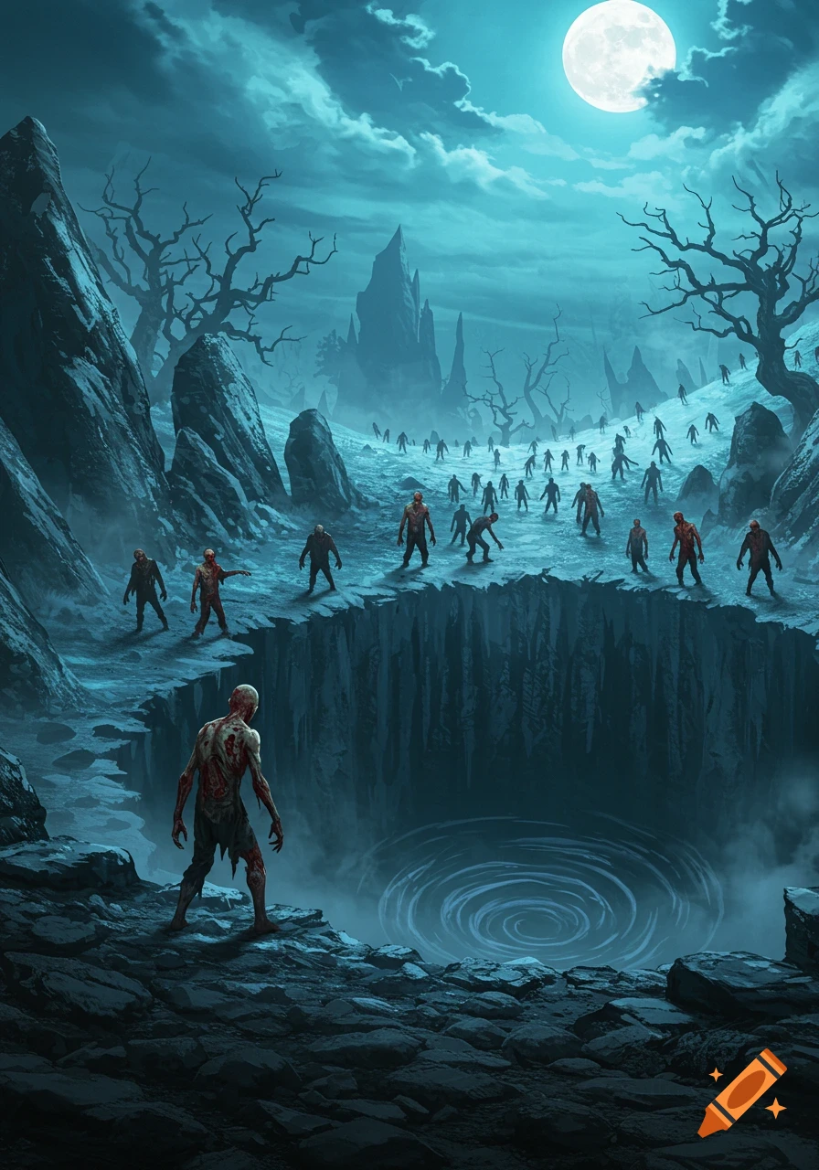 A horde of zombies shuffles towards a large, swirling pit in a dark, desolate landscape under a bright full moon.