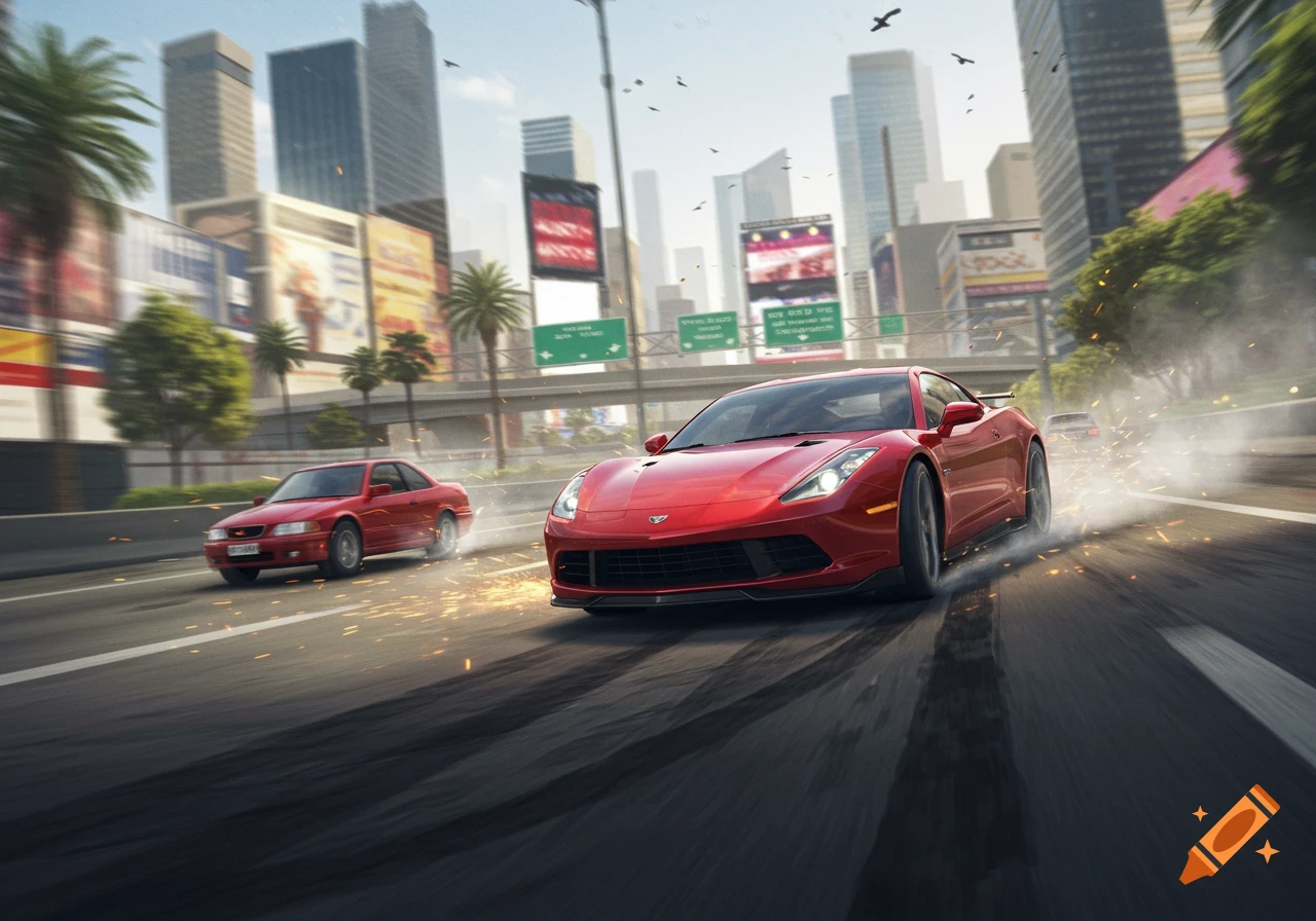 A red sports car and a sedan speed down a city highway, leaving smoke and sparks, with skyscrapers in the background.