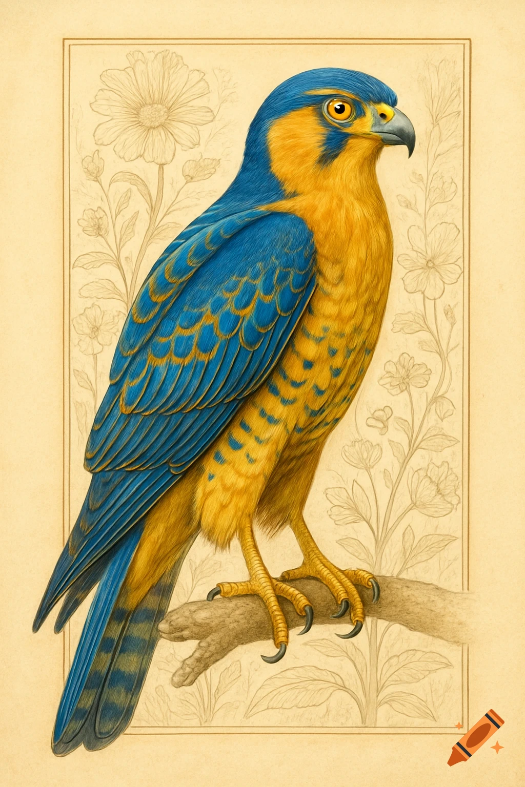 A brightly colored blue and yellow raptor bird perched on a branch in a scientific illustration style, with a botanical blueprint background.