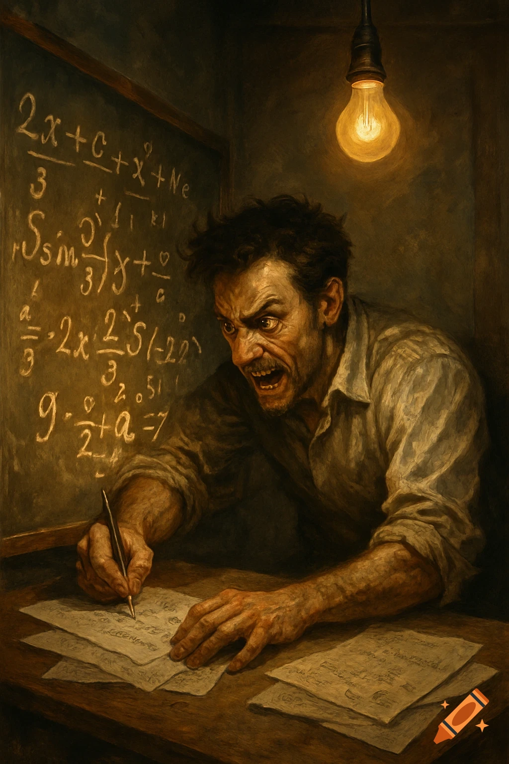 A man with a furious expression sits under a bare lightbulb, intensely writing equations on papers, with a blackboard of complex math behind him. Painted style.