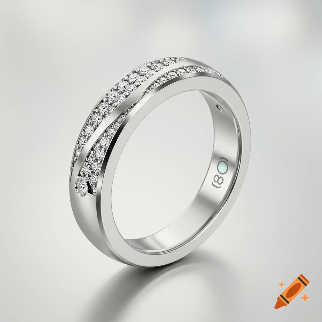 A photorealistic render of a silver wedding band adorned with multiple rows of sparkling diamonds, on a reflective white surface.