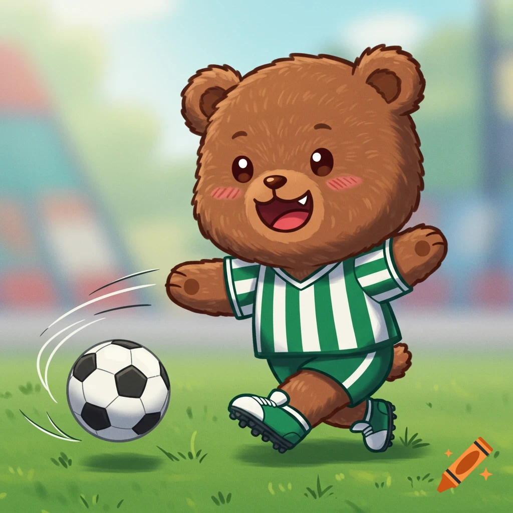A cute cartoon bear in a green and white striped soccer jersey kicks a soccer ball on a grassy field.