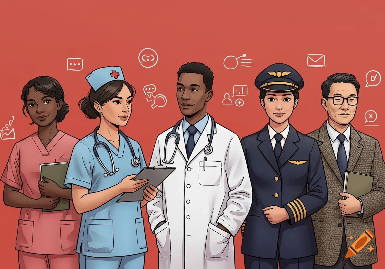 A group illustration of diverse professionals including a nurse, doctor, pilot, and businessman, against a red background with white icons.