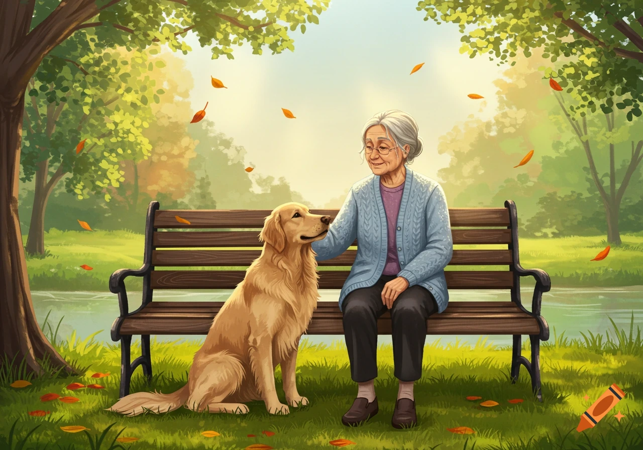 Illustrated scene of an old woman petting a golden retriever on a park bench with autumn leaves falling around them.