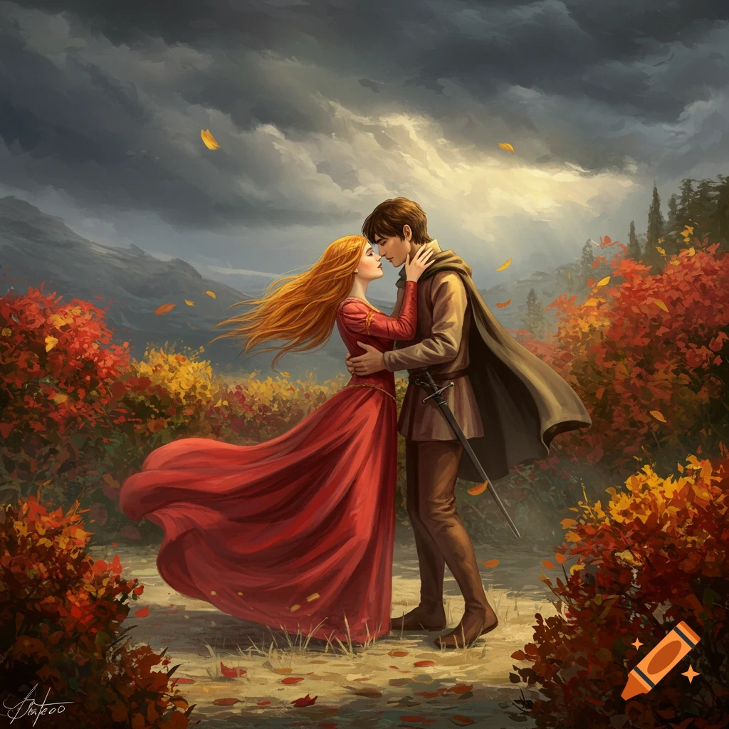 A man and woman in medieval attire embrace in an autumn landscape with colorful trees under a dramatic sky, about to kiss. Digital painting.