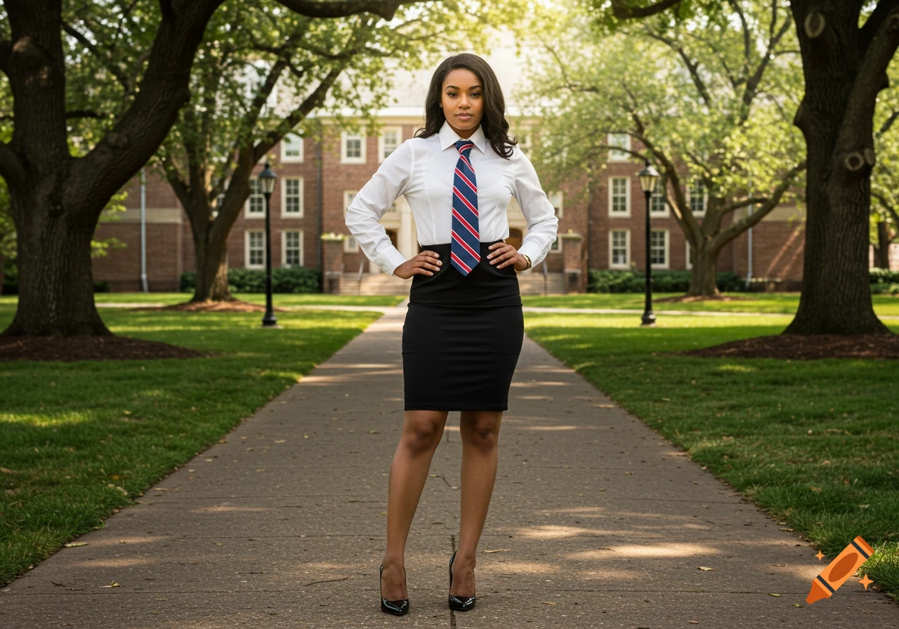 A young woman in a white blouse, striped tie, black pencil skirt, and heels stands on a university campus pathway.