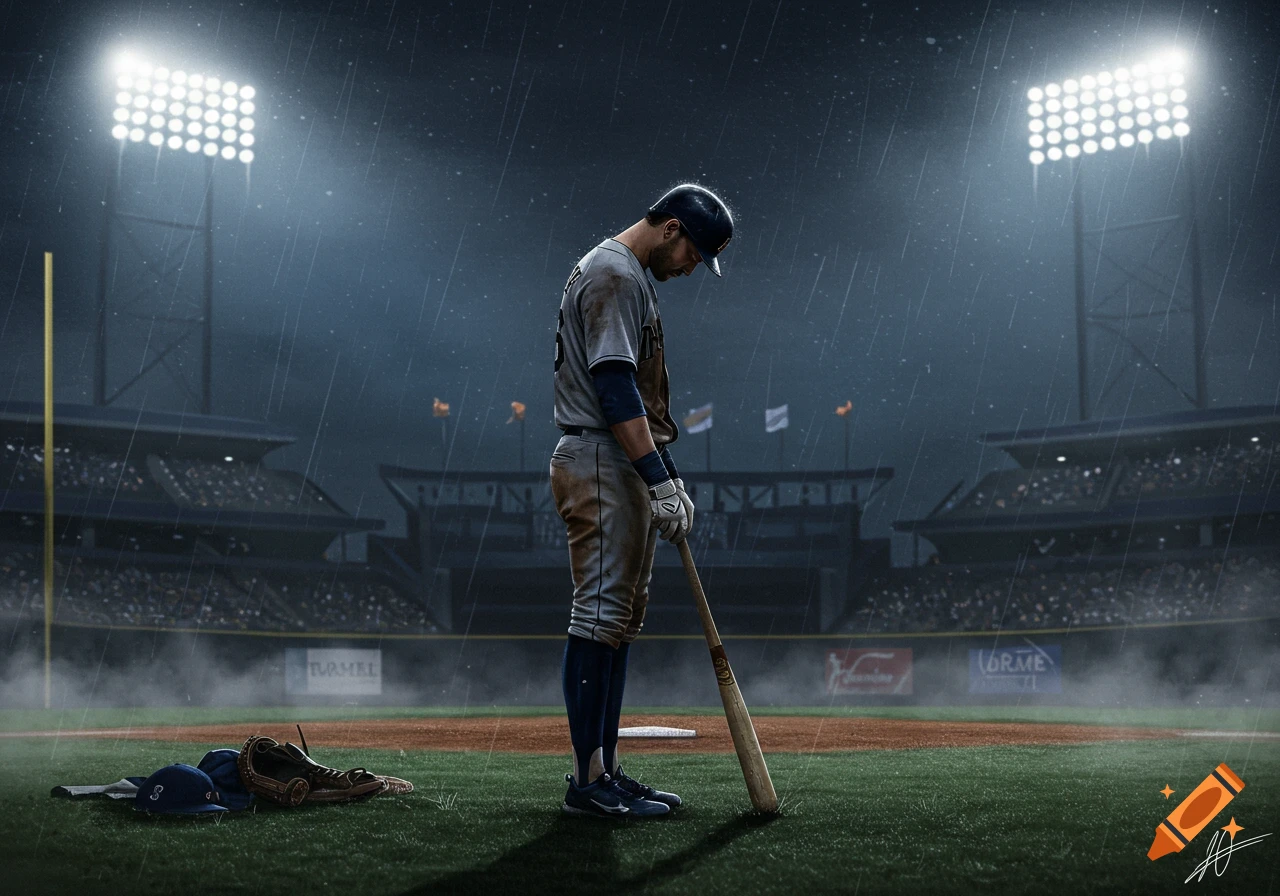 A dejected baseball player stands with his head bowed, holding a bat on a rainy field at night under bright stadium lights.