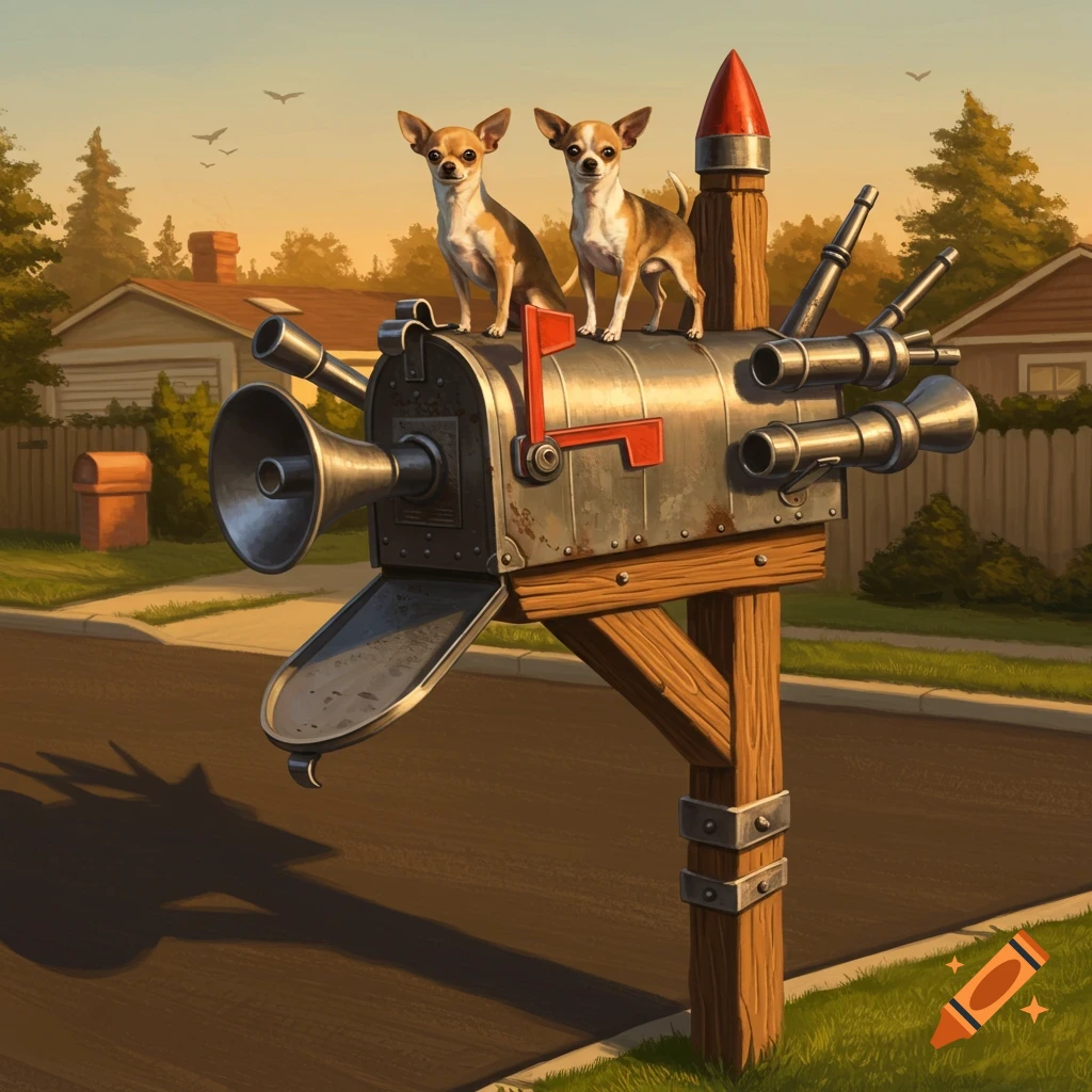 Two Chihuahuas stand on a heavily modified mailbox with various horns and rocket-like attachments, in a sunny suburban street.