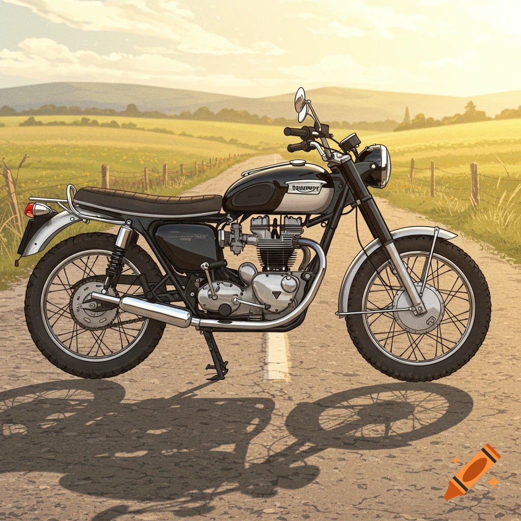 A classic black and silver Triumph motorcycle on a country road with fields at sunset, depicted in an illustrative style.