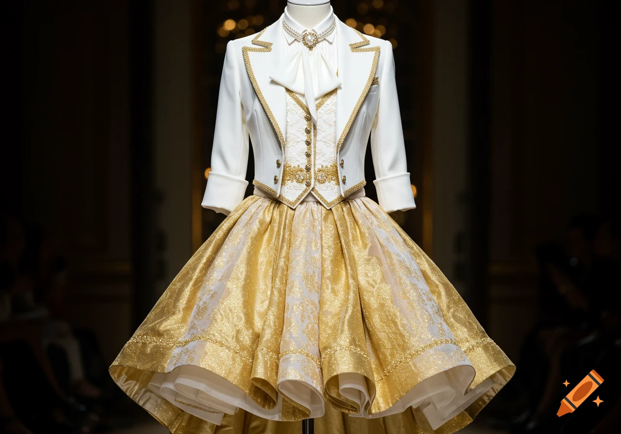 An elaborate white waistcoat with gold trim and a pearl necklace, paired with a shimmering gold and white full skirt on a mannequin.