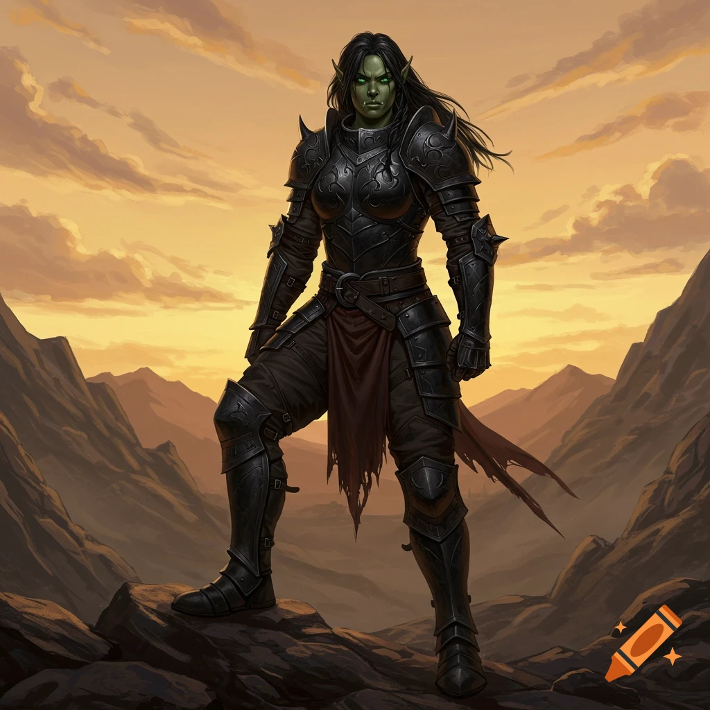 A green-skinned half-orc warrior in dark armor stands on a rocky mountain outcrop against a sunset sky.