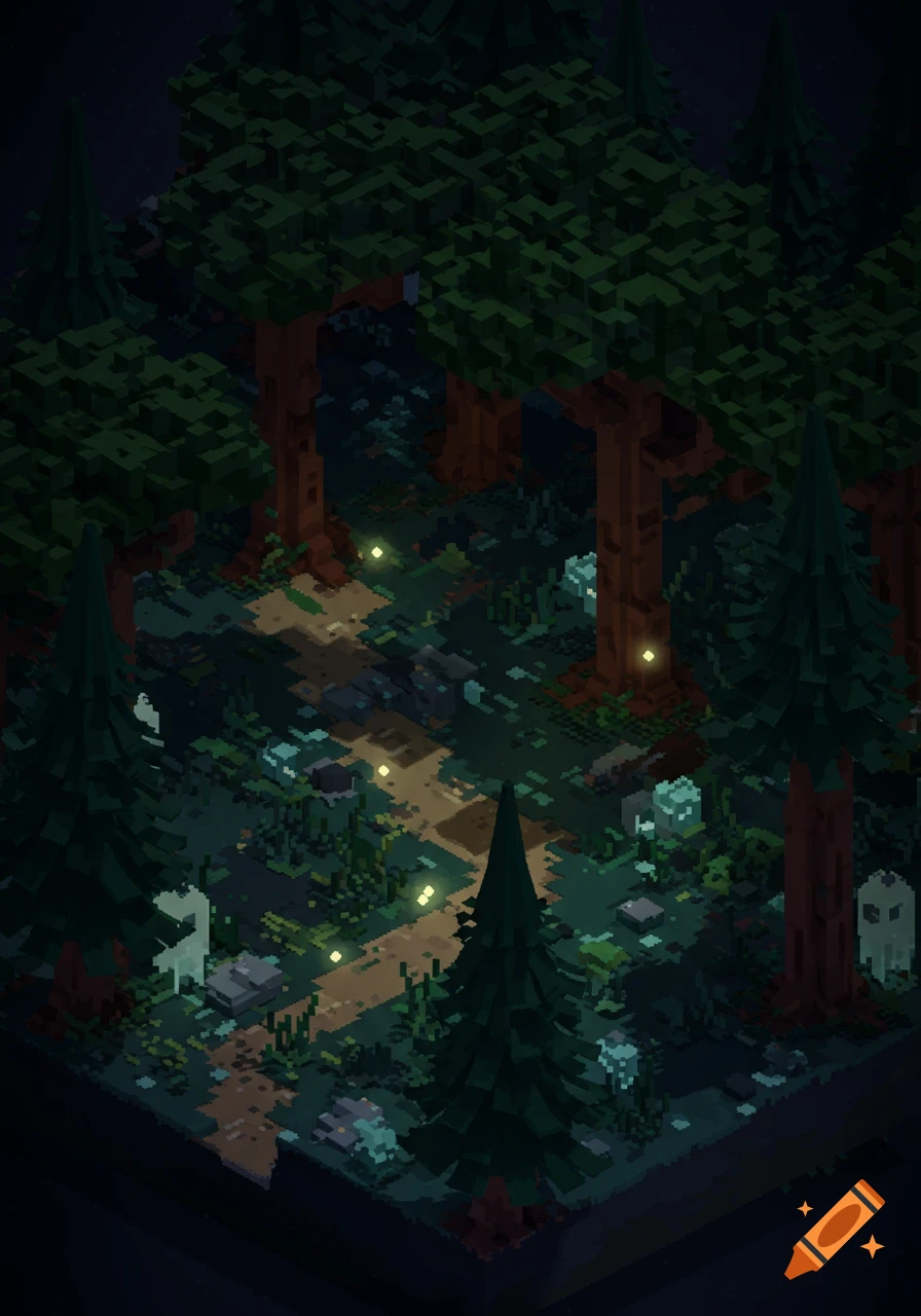 An isometric pixel art rendering of a dark forest at night, with tall evergreen trees, glowing fireflies, and a winding path.