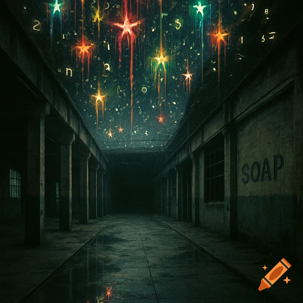 Dark, empty liminal space factory hallway with glowing dripping stars on the ceiling and 'SOAP' on the wall, in a dreamcore horror style.