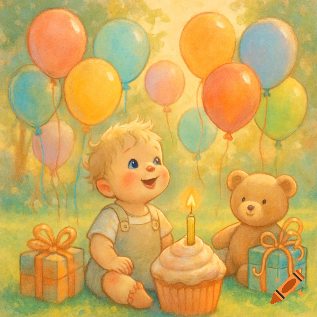 A happy illustrated baby sits on grass with colorful balloons, a cupcake with a candle, a teddy bear, and birthday gifts.