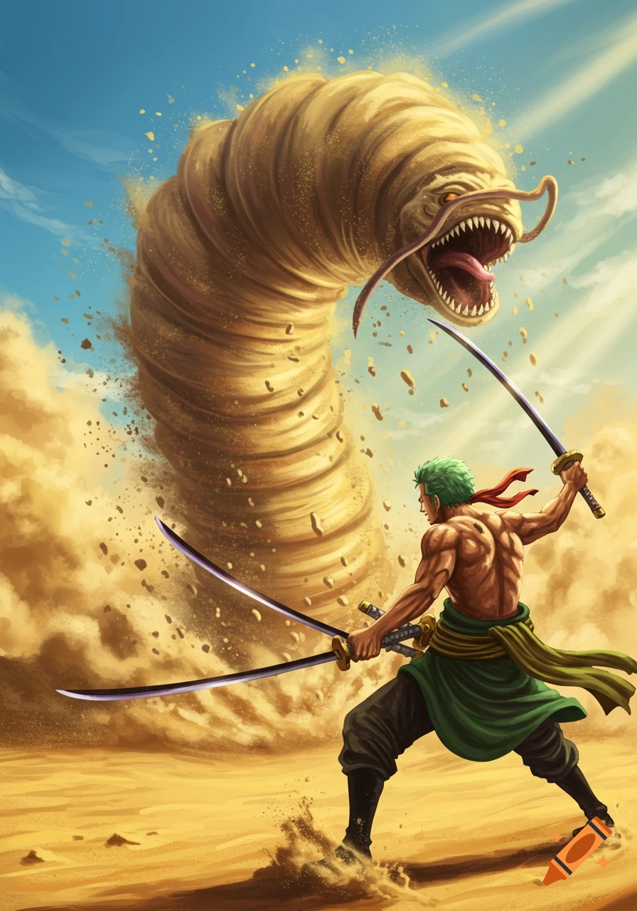 Zoro fighting a giant sand worm in a desert, action scene, anime art style.