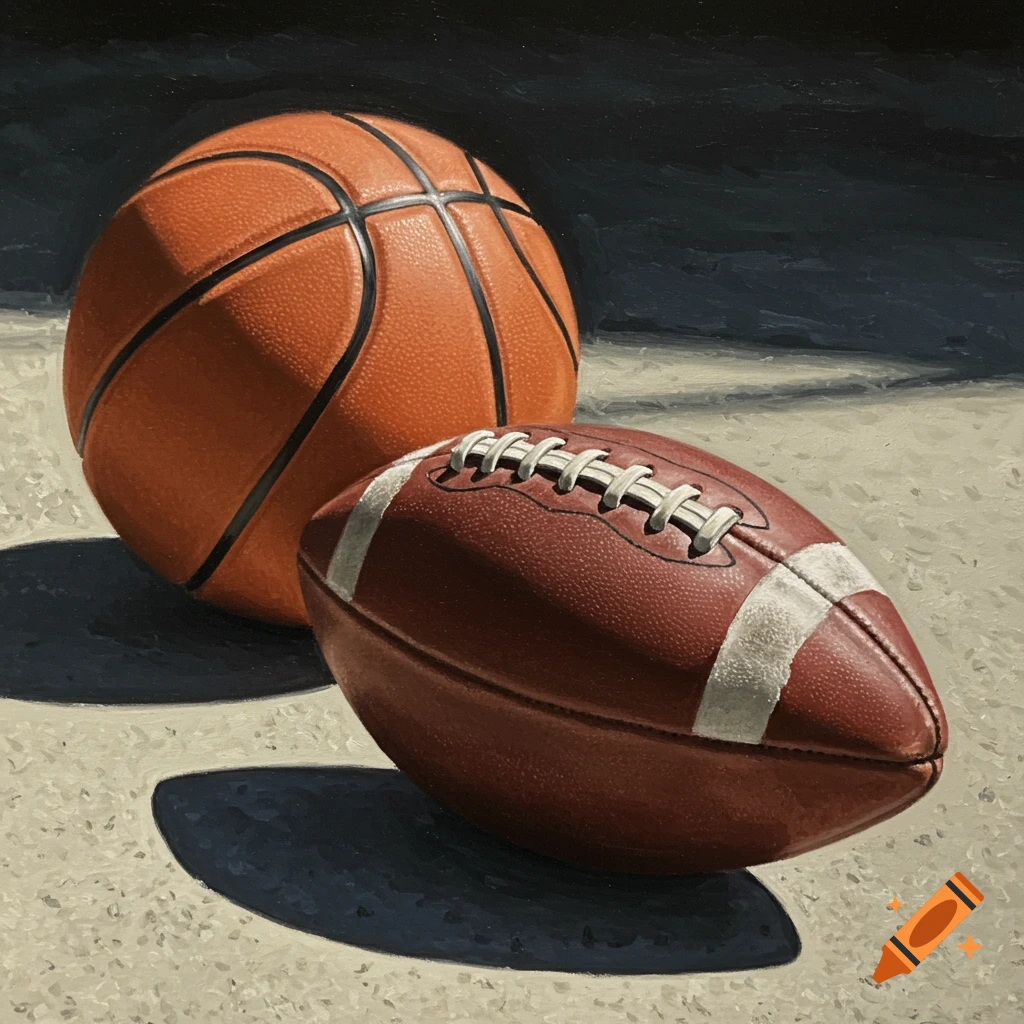 Realist painting of a basketball and a football resting on light-colored ground with dark shadows.