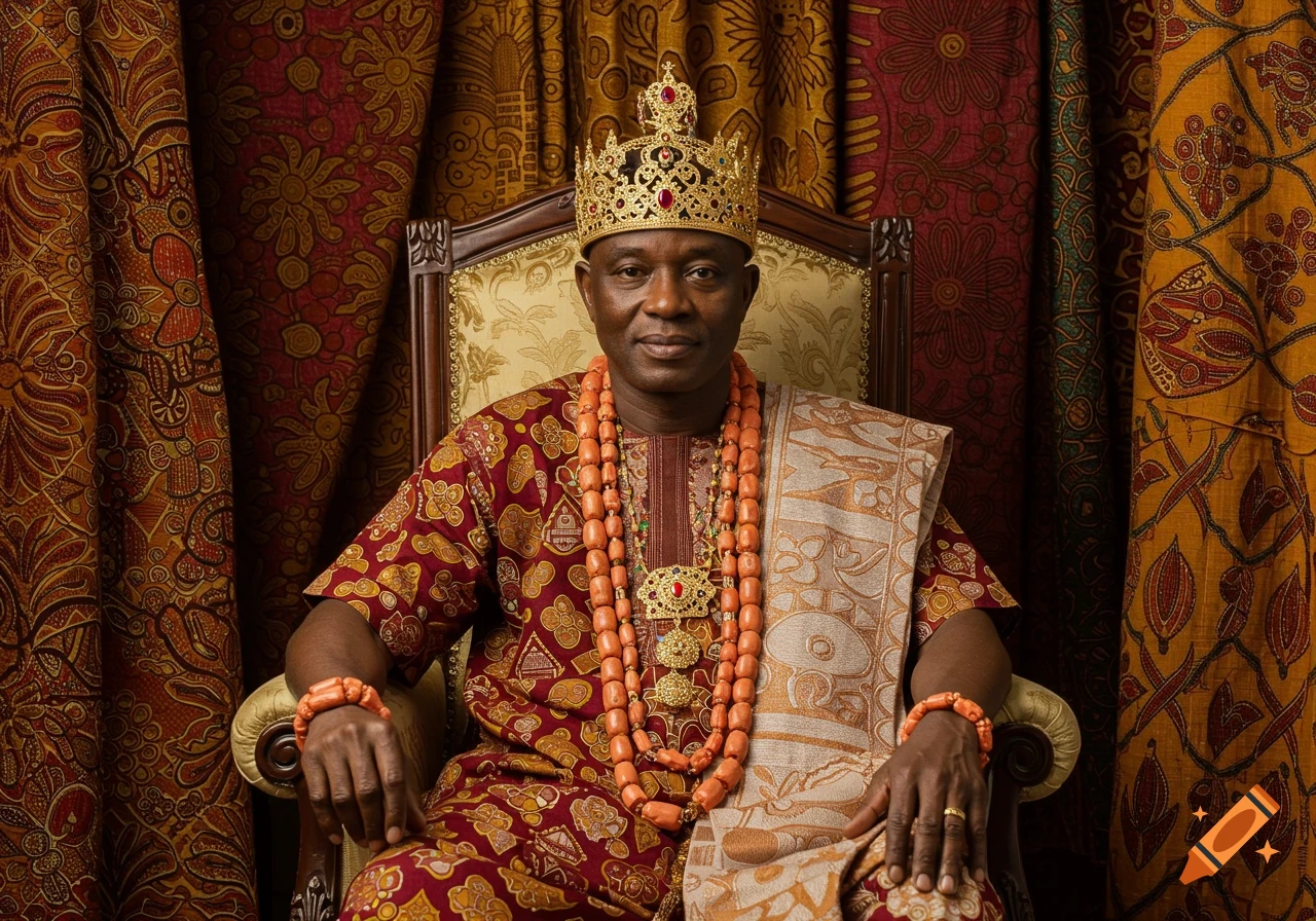 A dignified African man in a gold crown, patterned traditional attire, and orange beaded necklaces sits in an ornate chair.