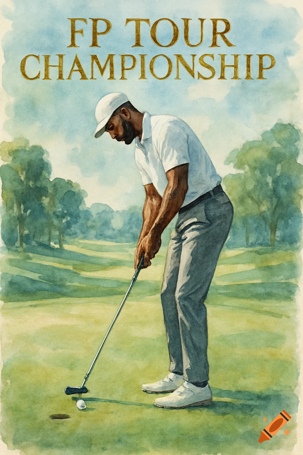 A watercolor illustration of a Black man putting a golf ball into a hole on a green, with text 'FP TOUR CHAMPIONSHIP'.