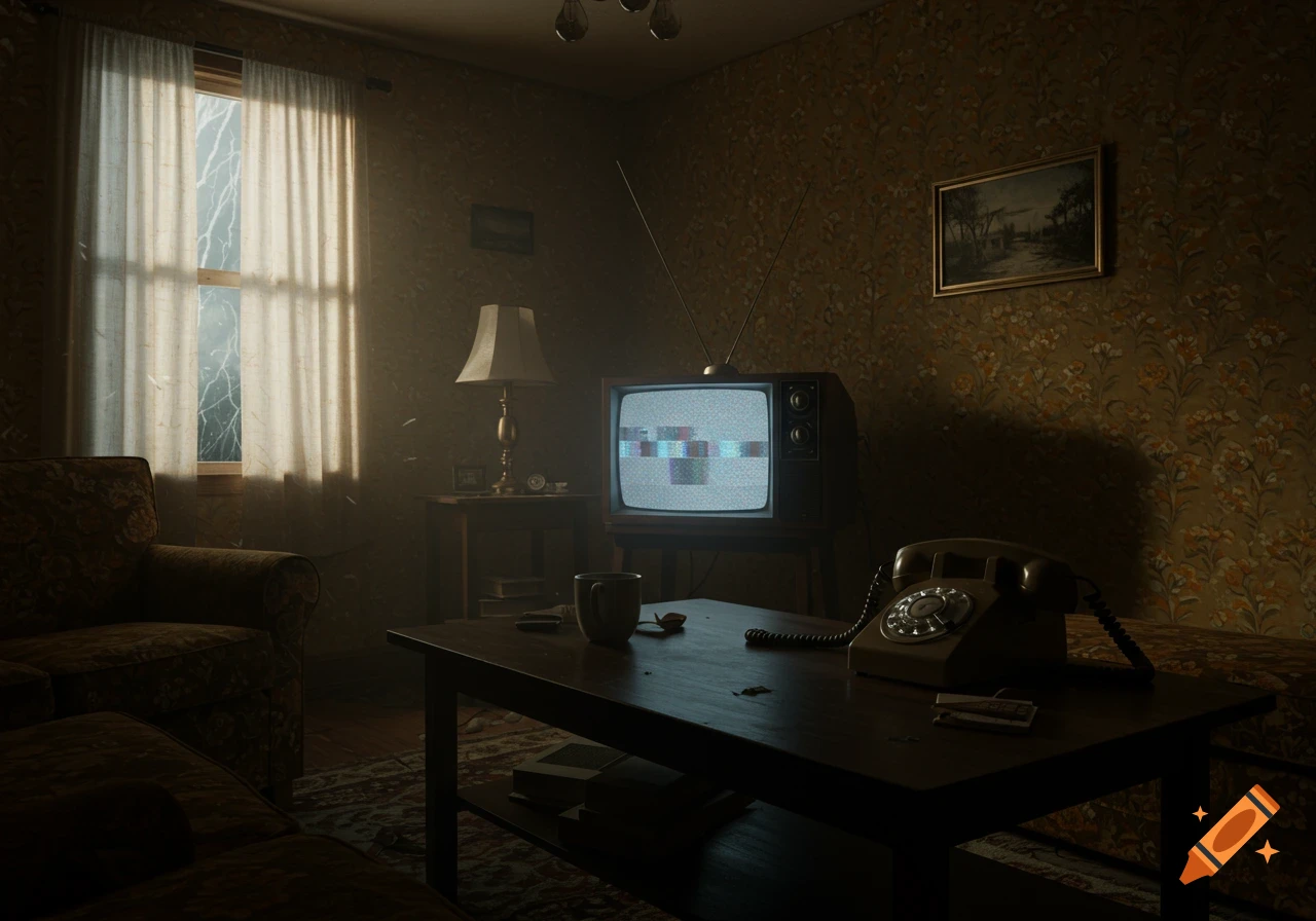 Dimly lit, vintage living room with a static-filled TV, rotary phone, and lightning visible through the window.