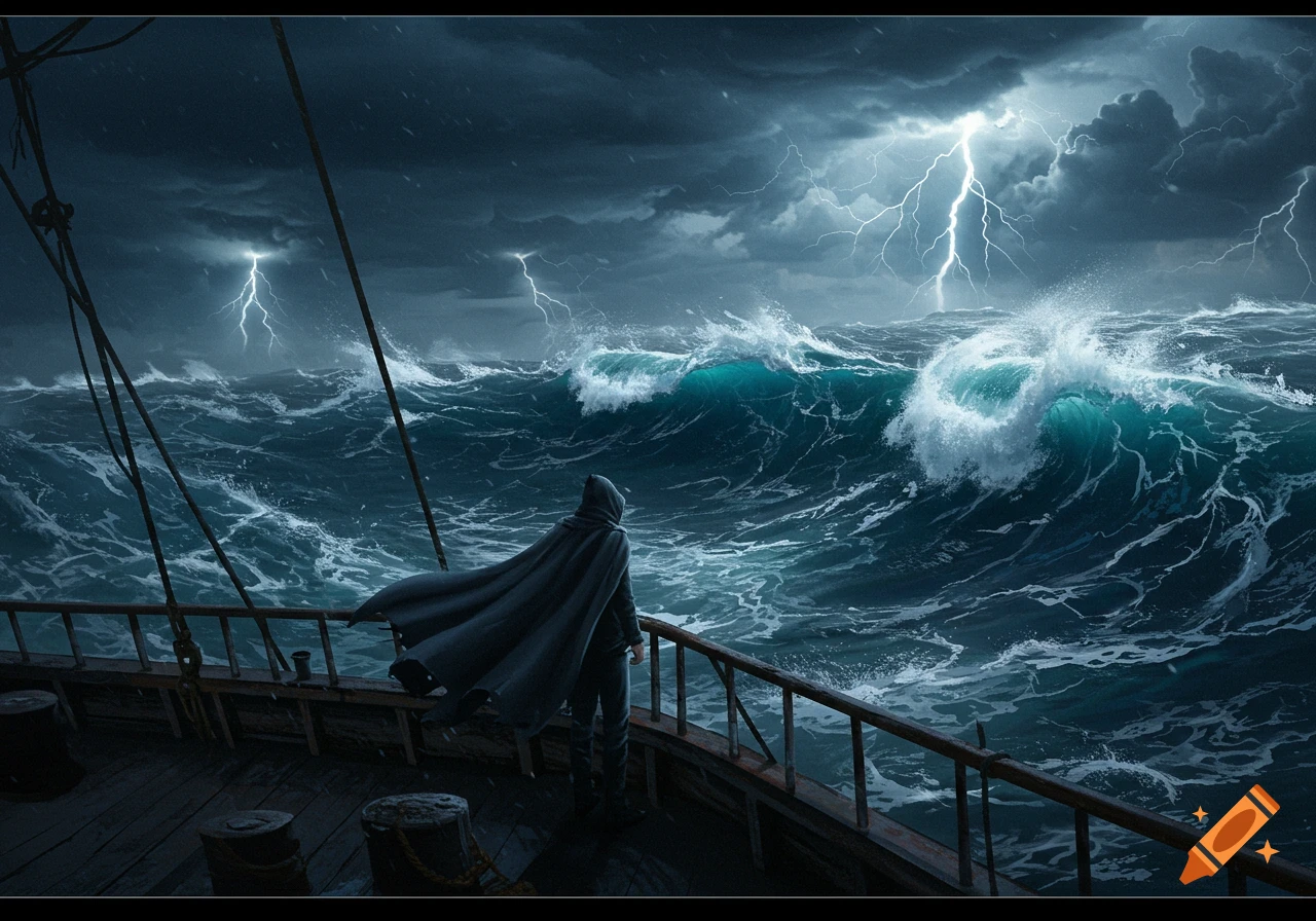 Hooded figure on a ship deck looks at a stormy ocean with crashing waves and lightning, digital painting.