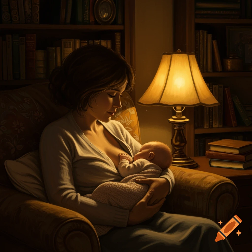 A mother tenderly breastfeeds her baby in a cozy, softly lit room with bookshelves, depicted in a realistic illustration style.