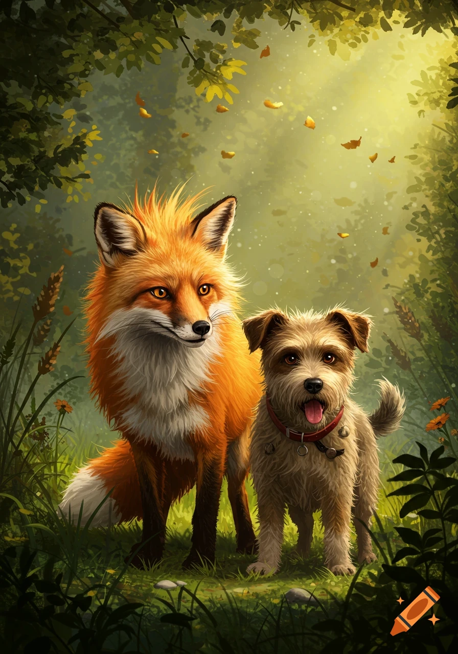 A stylized illustration of a red fox and a scruffy dog in a sunlit forest with falling leaves.