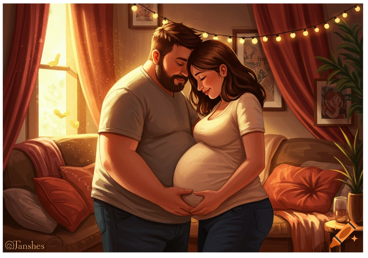 Cartoon illustration of a pregnant woman and her husband tenderly embracing, hands on her belly, in a warm, cozy room.